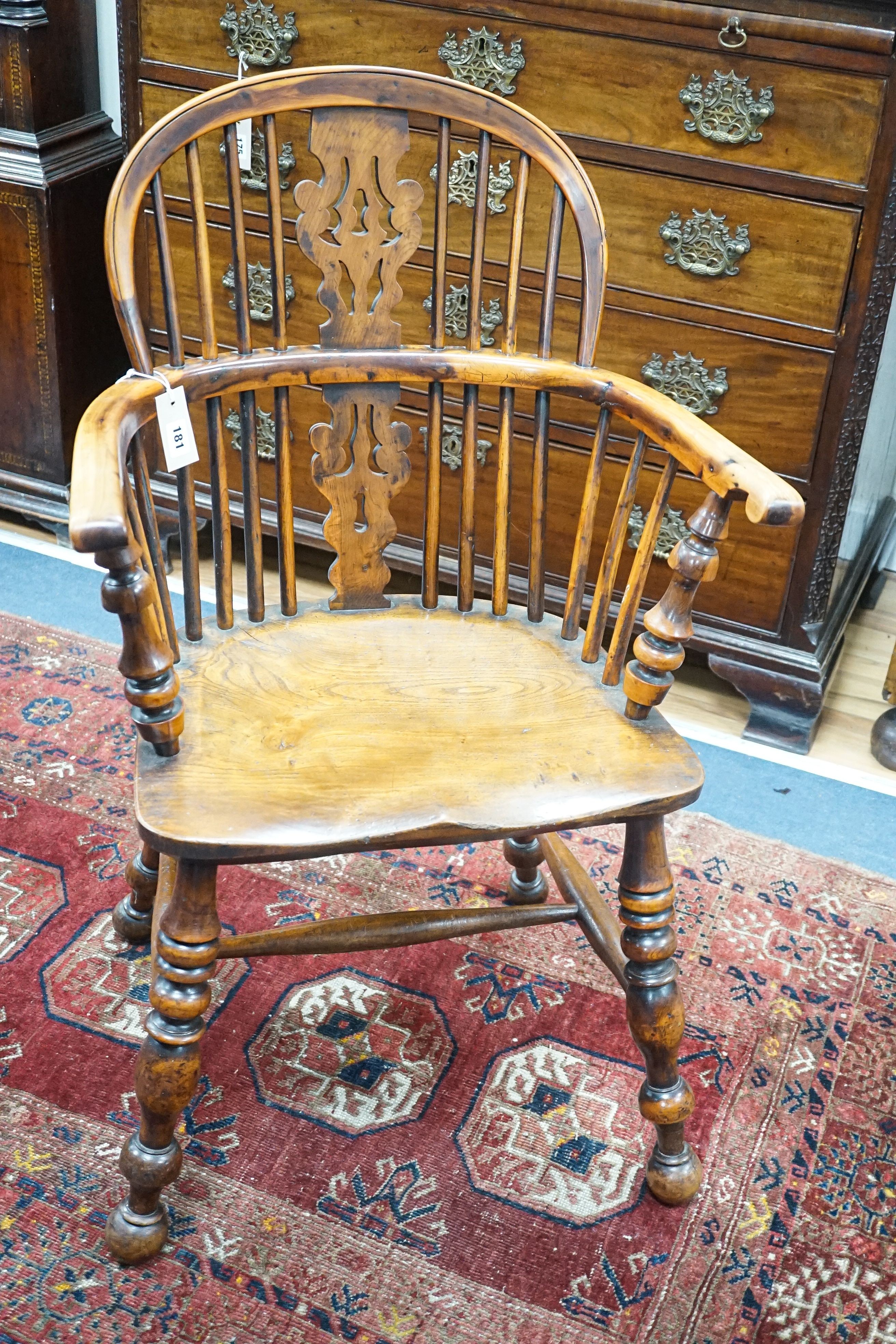 A 19th century Yorkshire area yew and elm Windsor elbow chair with H stretcher, width 58cm, depth 39cm, height 93cm